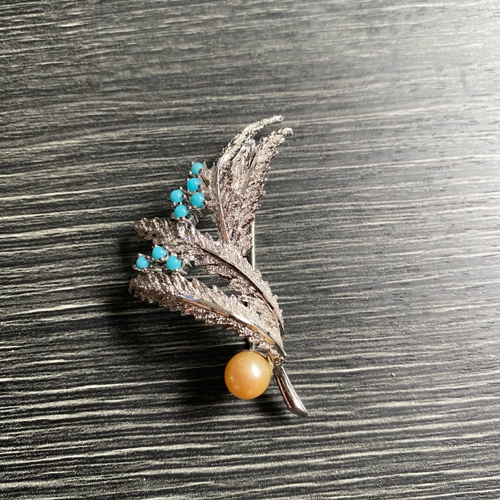 Silver Leaf Brooch with Turquoise and pearl Accents